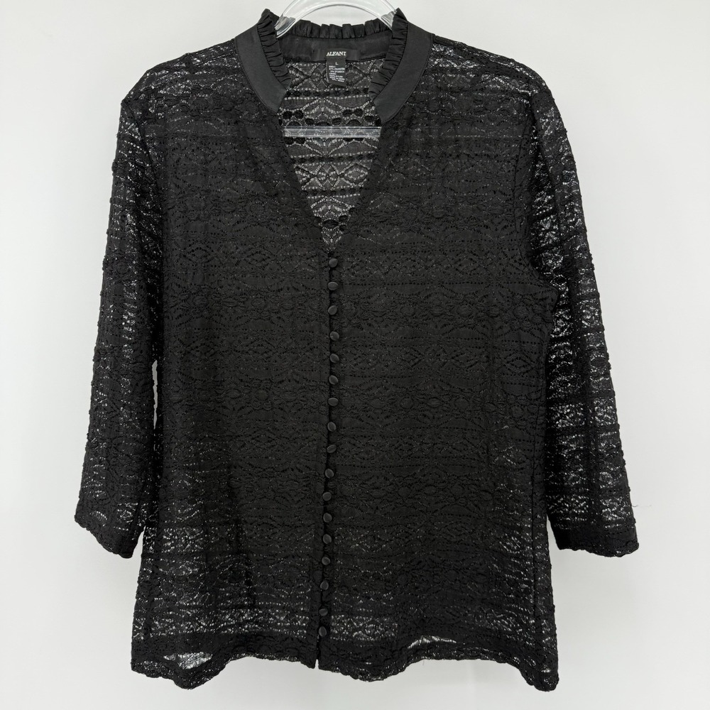 ALFANI Lace Short Button Up Kimono Women's Large Black Whimsigoth Goth Witchy